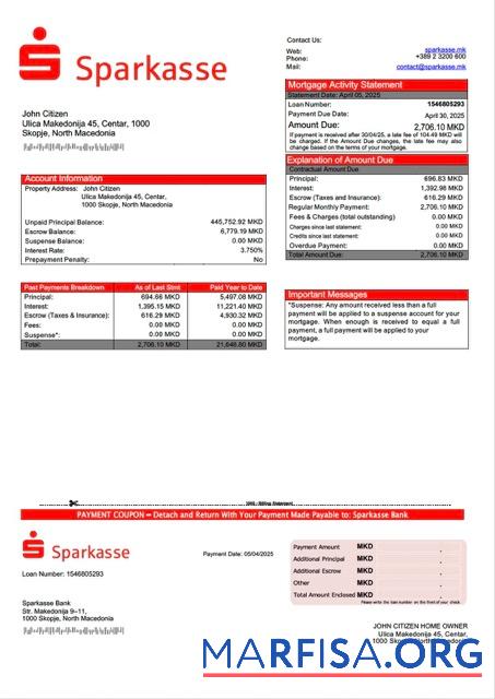 Printable North Macedonia Sparkasse Bank mortgage statement Word and PDF template